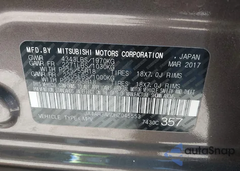 2017 Mitsubishi Outlander Sport 2.4 Se z USA, uszkodzony, nr VIN JA4AR3AW0HZ045553